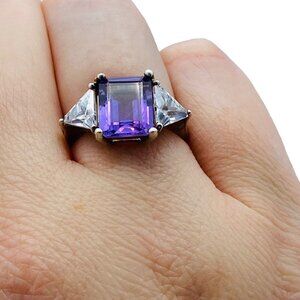 Sterling Silver Square Amethyst CZ Side Stones Ring Size 6.25 Signed JC Pretty